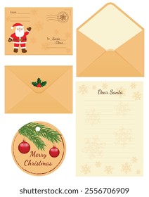 Letter to Santa Claus. Set consisting of vector illustration of envelope, letter and gift tag with image of Santa, snowflakes, fir branch and holly.