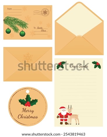 Letter to Santa Claus. Set consisting of vector illustration of envelope, letter and gift tag with image of Santa, deer, snowflakes, fir branch and holly.