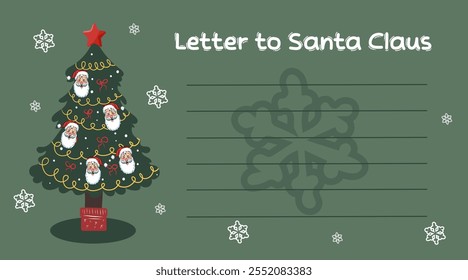  Letter to Santa Claus simple card on green background with empty space for letter. Christmas tree flat design with christmas balls, bows, santa claus.