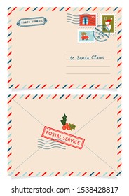 Letter to Santa Claus with stamps and postage marks. Dear Santa Claus mail envelope. Christmas surprise letter, child postcard with north pole postmark cachet. Postage surprised correspondence