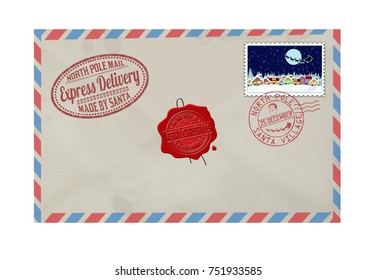 Letter from Santa Claus with stamps and postage marks on white background, vector illustration