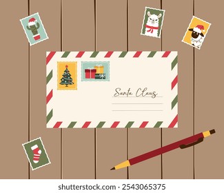 Letter to Santa Claus surrounded by festive postage stamps. Vector illustration for Christmas themes, holiday greetings and seasonal mail designs