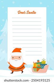 Letter to Santa Claus template with Santa carring sleigh full of gift boxes. Christmas chilld wish list. Dear Santa printable template for kids. Vector illustration 