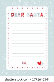 A letter to Santa Claus template. Cartoon Christmas wish list with cute funny alphabet in ugly sweater pattern style, with snowflakes. Vector illustration. Vertical orientation. Dear Santa Claus.