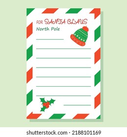 Letter to Santa Claus template. Christmas greeting card, wish list with a place for Christmas gifts for Santa. Vector illustration.