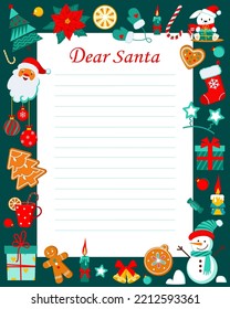 Plantilla de carta a Santa Claus con caracteres navideños. Lista de deseos de Navidad. Estimada plantilla de Santa para niños. Ilustración del vector