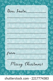 Letter to Santa Claus template. Christmas wishlist blank for kids. Simple cute doodle design. Empty Xmas wish list with copy space for handwriting. Vector illustration. Vertical A4 format of paper.