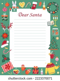 Letter to Santa Claus  template with Christmas characters. Christmas wish list. Dear Santa printable template for kids. Vector illustration