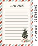 Letter to Santa Claus template for kids. Christmas wishlist for children. Dear Santa printable holiday paper letter background. Christmas vector illustration in flat hand drawn doodle style