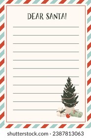 Letter to Santa Claus template for kids. Christmas wishlist for children. Dear Santa printable holiday paper letter background. Christmas vector illustration in flat hand drawn doodle style