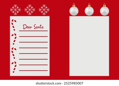 Letter to Santa Claus template for kids Dear Santa text Printable holiday paper letter red festive background Xmas vector illustration Christmas wishlist for children Classic decor ornament Copy space