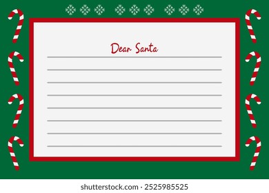 Letter to Santa Claus template for kids Dear Santa text Printable holiday paper letter green festive background Xmas vector illustration Christmas wishlist children Classic decor ornament Copy space