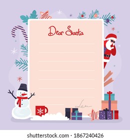 Letter to Santa Claus, template. Xmas greeting card. Merry christmas gift card. Envelope decoration for new year. Winter holiday and celebration. New Year's attributes. Trendy flat vector illustration