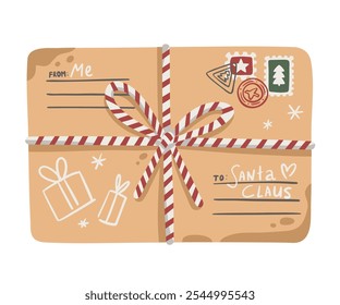 Letter to Santa Claus. Vector illustration in flat style. Cute craft envelope. Template for Christmas greeting card