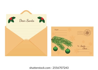 Letter to Santa Claus. Vector illustration of envelope, letter snowflakes, fir branch and holly.