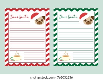 Letter to Santa Claus vector illustration. Printable page. English Christmas worksheet with writing a letter activity. Pug with a hat and candy canes, hot chocolate. 