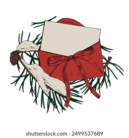 Letter to Santa Claus. Vector outline illustration. Hand drawn holiday red envelope with fir branch. Vintage xmas line art. Christmas card drawing on transparent background. For inscriptions or text