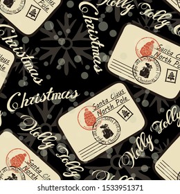 Letter for Santa Claus vector seamless pattern on dark background. Letter to Santa Claus repeat print. Merry Christmas Happy New Year design. Sealed Santa Claus mail with stamps and postage marks.