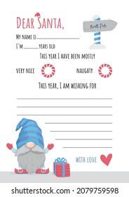 Letter to Santa Claus with a wish list for Christmas. A letter for boys with a blue gnome.