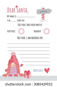 Letter to Santa Claus with a wish list for Christmas. A letter for girls with a pink gnome