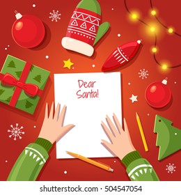 A letter to Santa Claus writes a kid at Christmas. Table with Christmas items: balloons, gift, mittens, garland, snowflakes. Space for text. Vector illustration.