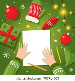 Letter to Santa Claus writes kid at Christmas. Table with Christmas items: balloons, gift, mittens, garland, snowflakes. Space for text. Vector illustration.