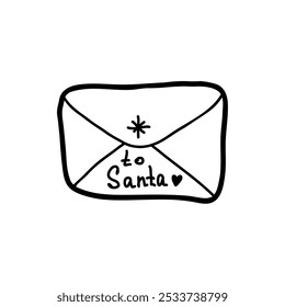 Letter to Santa in Doodle Style. Simple envelope icon. Black and white, isolated simple hand drawn vector illustration. Stock isolated clipart on a white background.
 