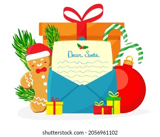 Letter to Santa in envelope with Christmas ornaments, gifts and gingerbread cookie. Vector illustration flat isolated.