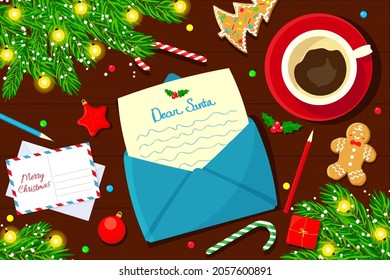 Letter to Santa in envelope with Christmas ornaments, coffee and gingerbread cookies on the table. Vector illustration flat.