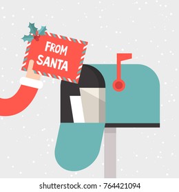 Letter from Santa. Hand holding a decorated envelope. Mailbox. Correspondence. Flat vector illustration, clip art. Xmas. Christmas and New Year