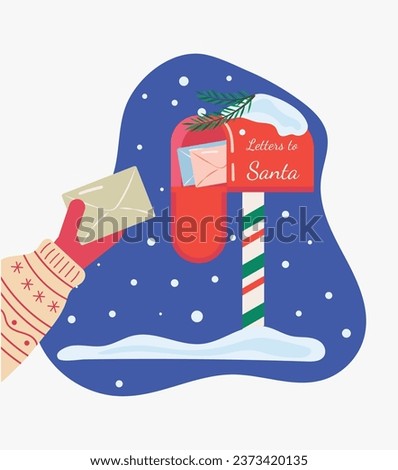 Letter for Santa. A hand holds an envelope. Mailbox with letters to Santa. Correspondence. Flat vector illustration, clip art. Christmas. Christmas and New Year