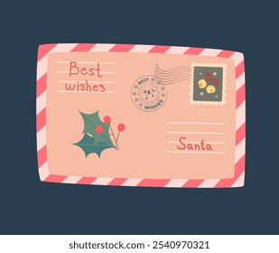  A letter to Santa. Merry Christmas greetings. Envelope with stamp, seal, mistletoe