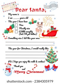 Letter to Santa. For print. Christmas wish list. Template for children