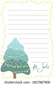 Letter from Santa with a ruler. Christmas tree, lettering . Cute vector illustration in hand-drawn scandinavian style. Kids pastel palette.