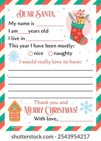 Letter to Santa template vector. US Letter size. Dear Santa printable page. Kids Christmas wishlist blank isolated. Gift wish list for children