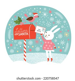 Letter for Santa,the cute little rabbit is sending the letters for Santa, Christmas card