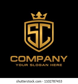 Letter SC initial with shield and crown, luxury logo Design, vector