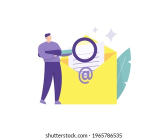 letter scanning concept, protection from fraudulent or scam messages. illustration of people checking email using a magnifying glass, to find out a message is safe or not. flat style. vector design