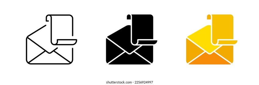 Letter with scroll line icon. Envelope, sheet, messenger, message, telegram, mail, correspondence, data, attachments. Communication concept. Vector icon in line, black and color style