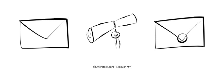 Letter, Scroll With Wax Seal, Envelope With Wax Seal. Vector Hand drawn, Isolated On White Background.