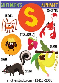 Letter S.Cute children's alphabet with adorable animals and other things.Poster for kids learning English vocabulary.Cartoon vector illustration.