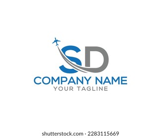 Letter SD with plane and airline unique logo design. Tourism, travel, airways identity and flight company creative vector icon.
