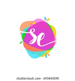 Letter SE logo with colorful splash background.