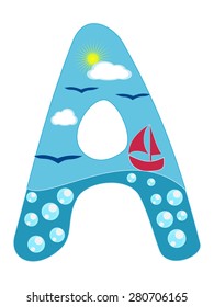 Letter A Sea summer wavy alphabet vector illustration Nautical wavy lines uppercase font ABC letter in marine cyan and blue color with water bubbles, flying birds and sea boat Funny cartoon alphabet