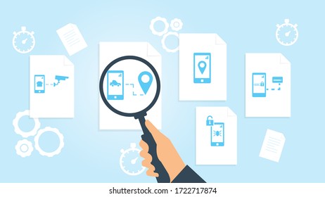 Letter search file, document research vector illustration. Document with search icons. File and magnifying glass. Analytics research sign. Vector Illustration