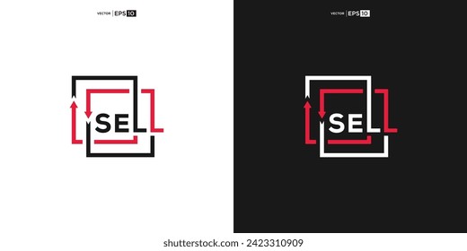 Briefmarkensemble-Logo-Typografie, Pfeil nach unten und nach oben zeigen die Aktion der Erhöhung des Verkaufs oder sinkenden Wert, die den Prozess des Verkaufs von Waren oder Vermögenswerten.