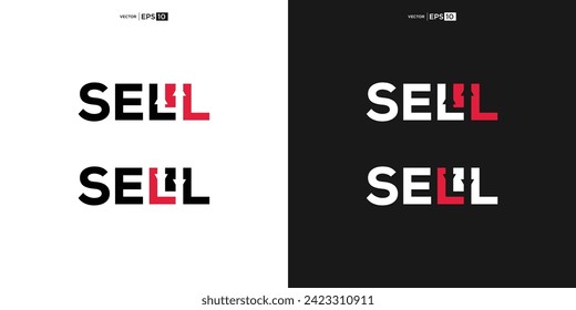 letter SELL wordmark logo typography, Arrows pointing down and up indicate the action of increasing sales or decreasing value, representing the process of selling goods or assets.