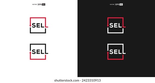 letter SELL wordmark logo typography, Arrows pointing down and up indicate the action of increasing sales or decreasing value, representing the process of selling goods or assets.