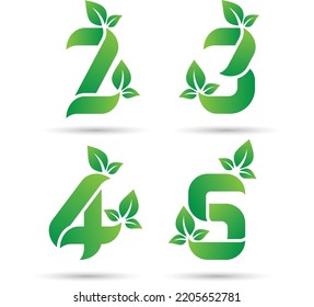 Conjunto de letras 2 3 4 y 5 concepto verde incluye hojas