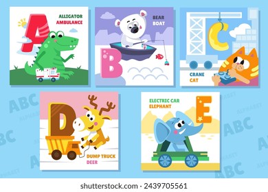 Letter set. Alphabet, cards with cute cartoon style characters. Animals and cars. ABC. Education for children. Preschool activity. Vector illustrations.